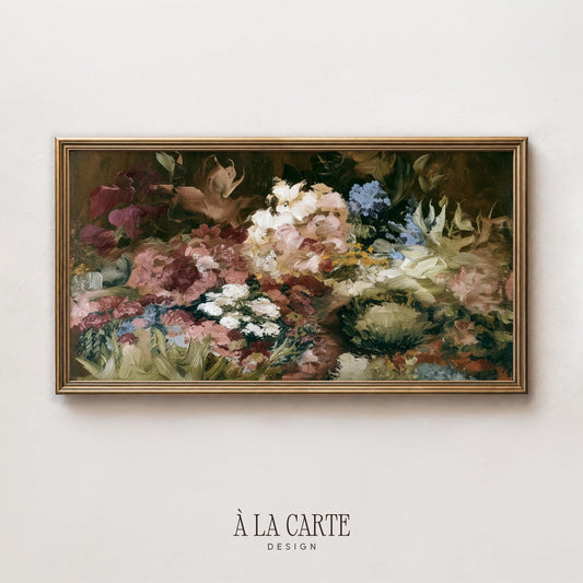 Vintage floral painting Frame TV art for dining room — cream and burgundy blooms with trailing leaves and old-world charm