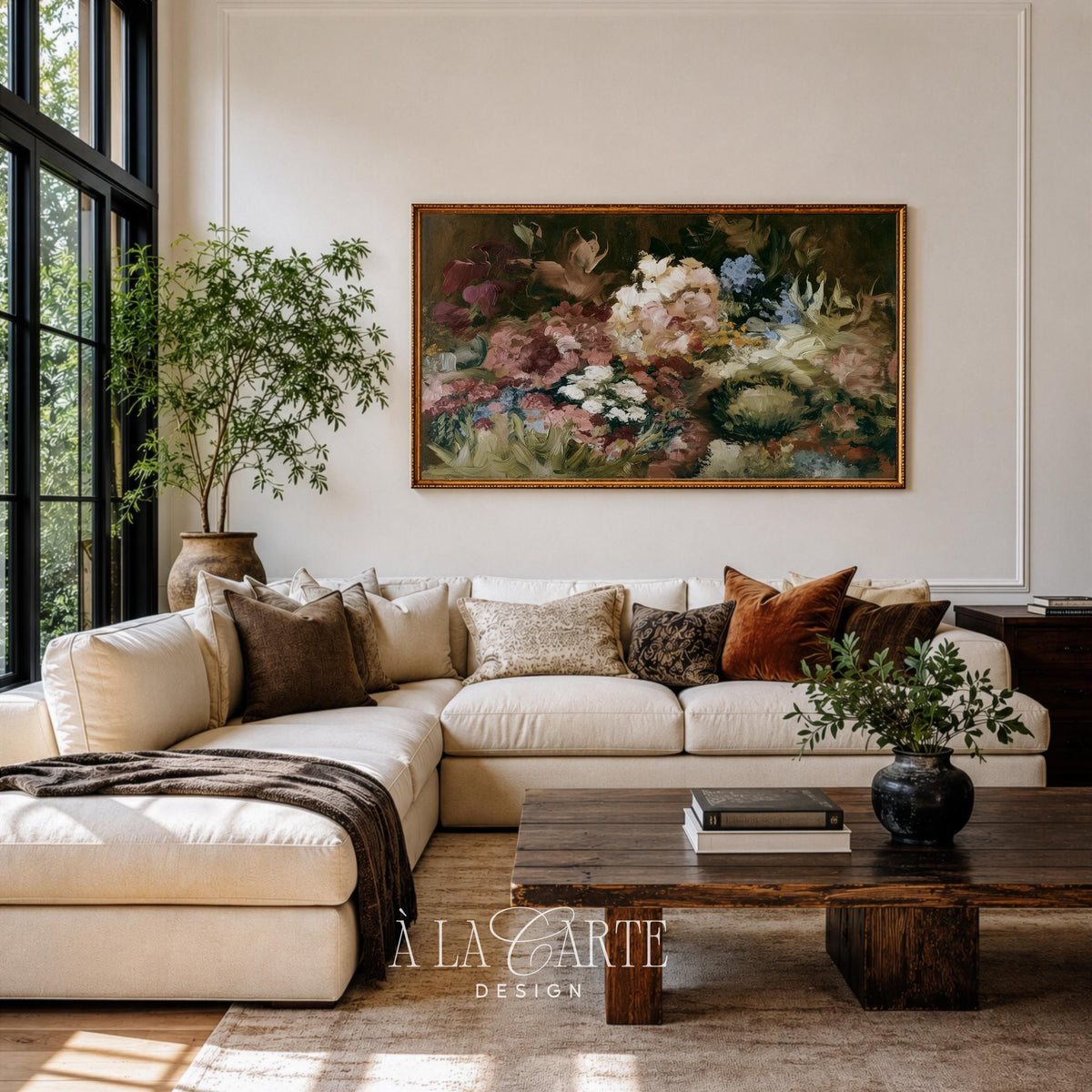 Aged master-style florals Samsung Frame TV download — moody bloom cluster with deep shadows and elegant painterly aesthetic