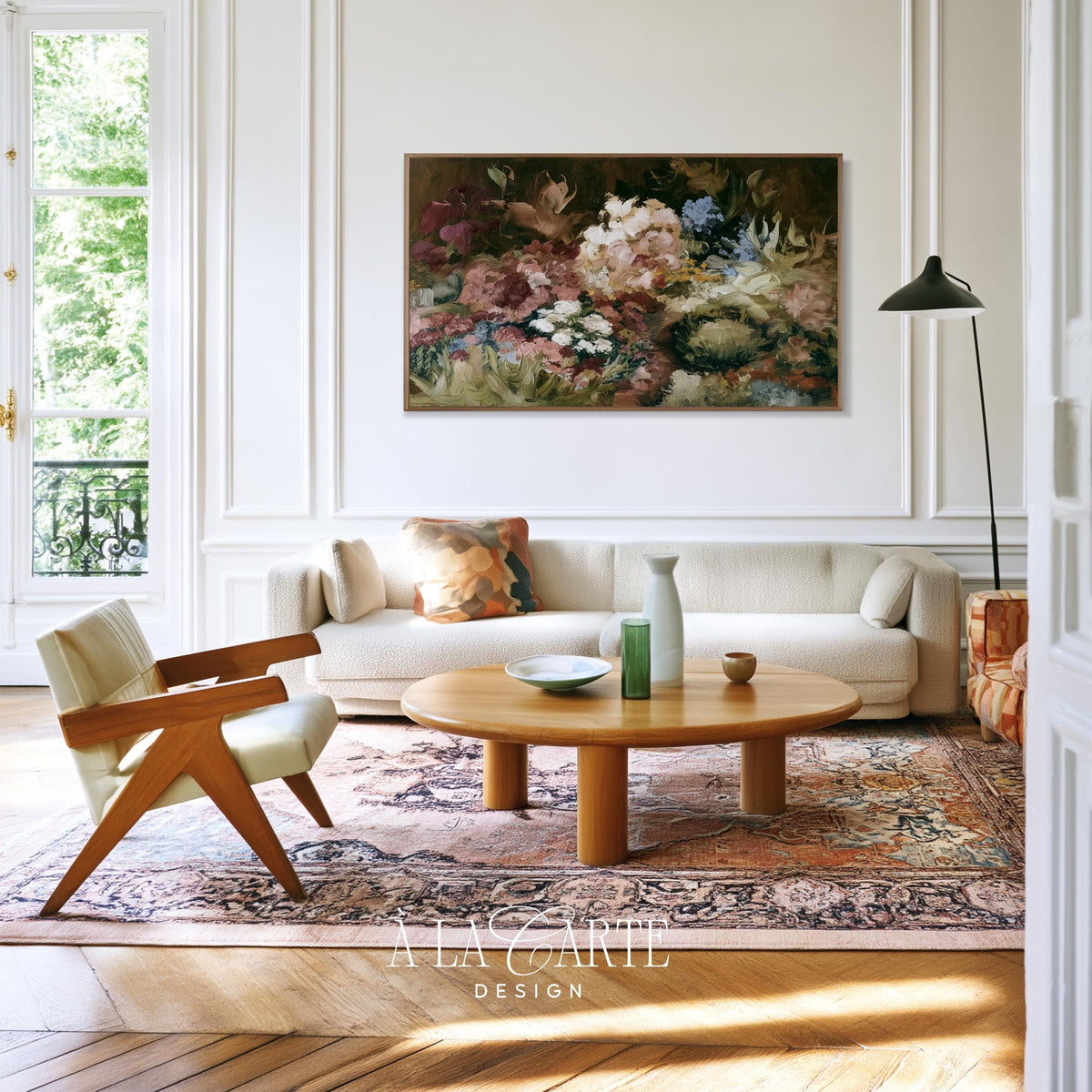 Lush garden bouquet TV art for home — romantic vintage arrangement featuring soft blue and pink flowers layered together
