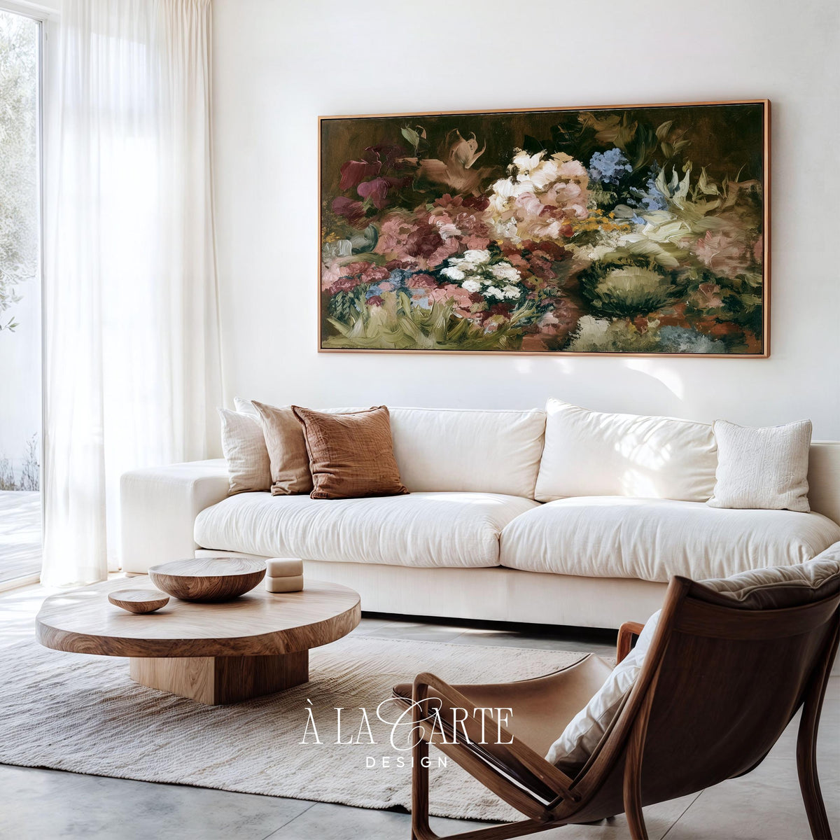 Botanical bloom arrangement digital art for TV display — romantic cottagecore flowers with soft brushstrokes and shadowy depth