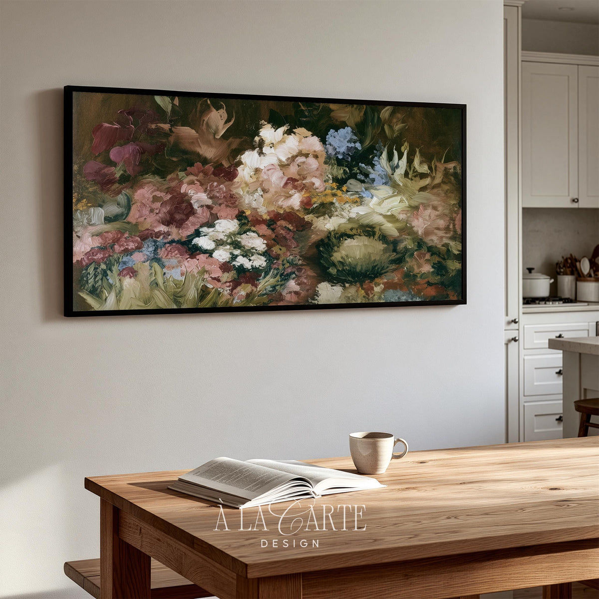 Rich jewel tone flowers digital art for Samsung TV — cottagecore-inspired still life with darkened atmospheric setting
