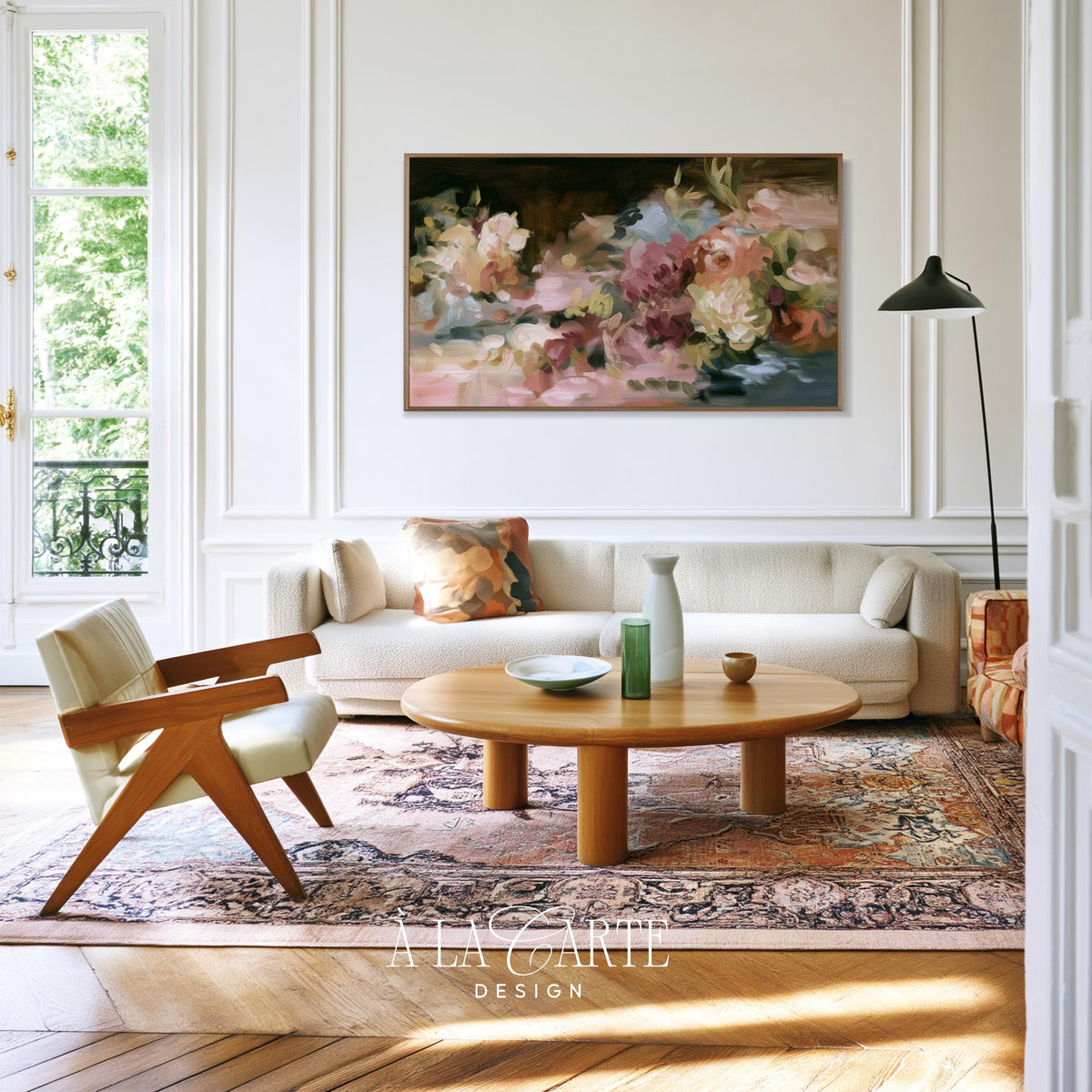 Romantic rose and peony Frame TV art — blended textured brushwork, moody elegant digital screensaver with cream and sage color palette