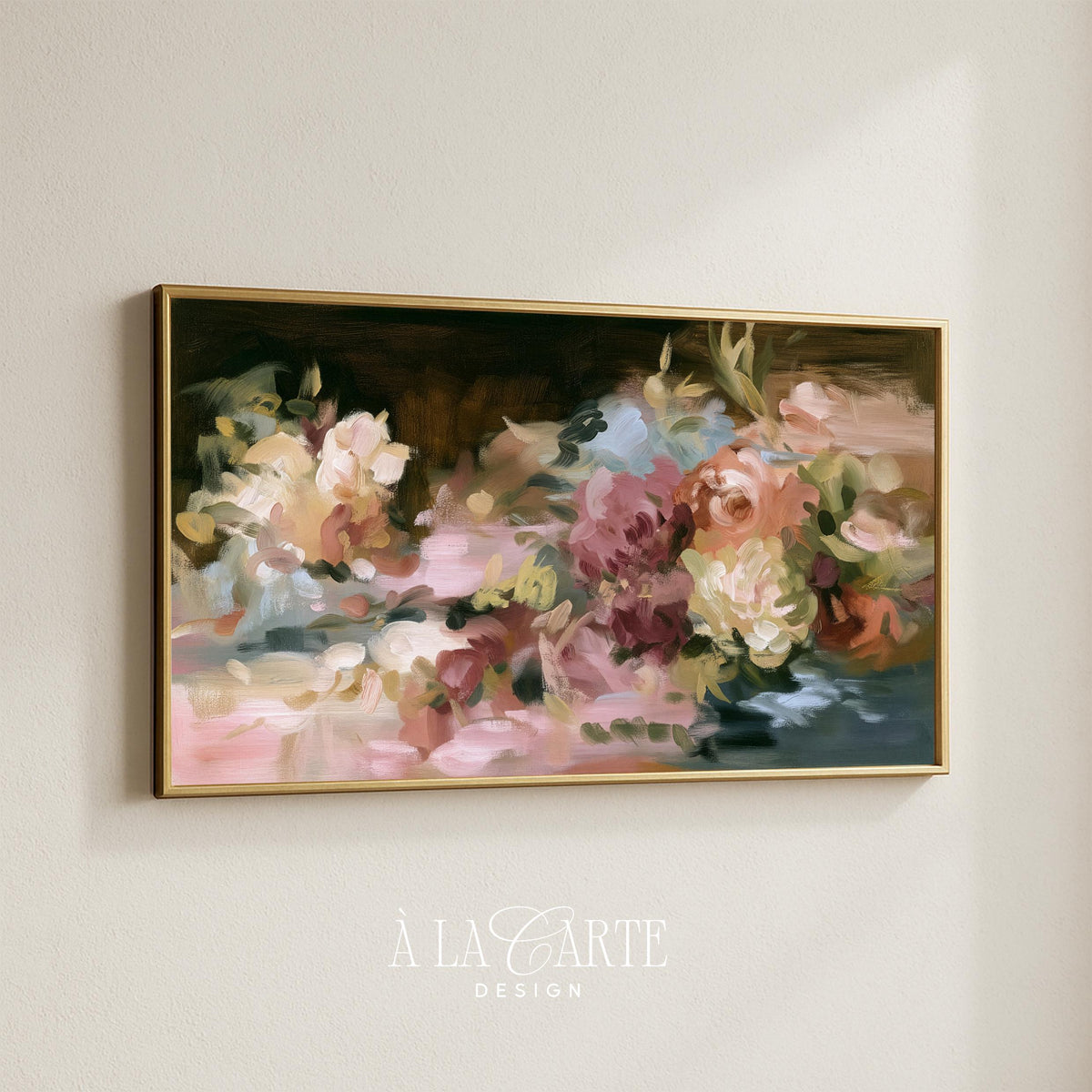 Soft focus flower composition Samsung Frame TV art — cottagecore aesthetic with cream and coral tones, wide horizontal format digital display