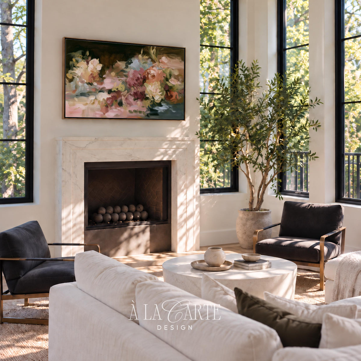 Lush peony and rose Frame TV art for above sofa — romantic still-life with burgundy accents and dreamy painterly texture, elegant home art