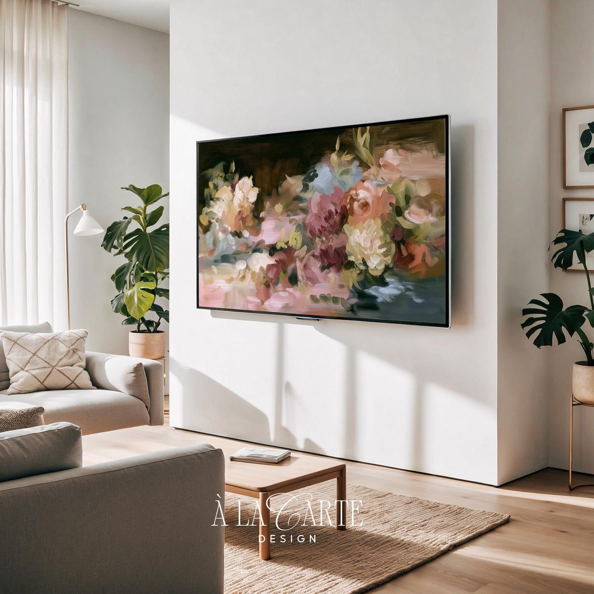 Blush blooms TV art download — loose brushwork florals with sage foliage, vintage-inspired artistic screensaver for living room displays