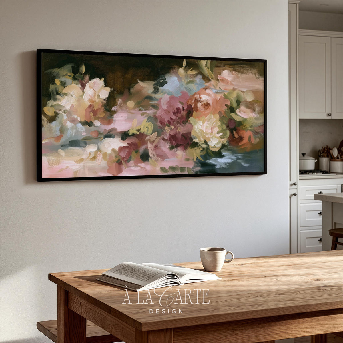 Abstract bloom cluster Samsung Frame TV art for dining room — loose painterly strokes, soft pink and burgundy florals with foliage details