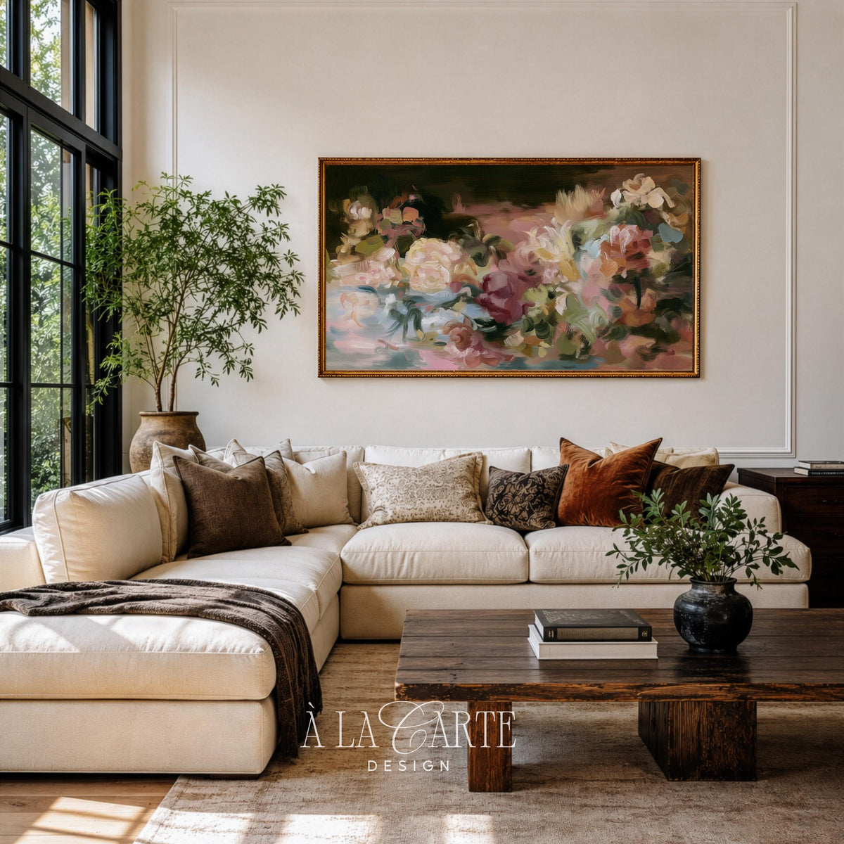 Vintage-style botanical Frame TV screensaver — soft-focus rose garden with blended forms and elegant muted color palette
