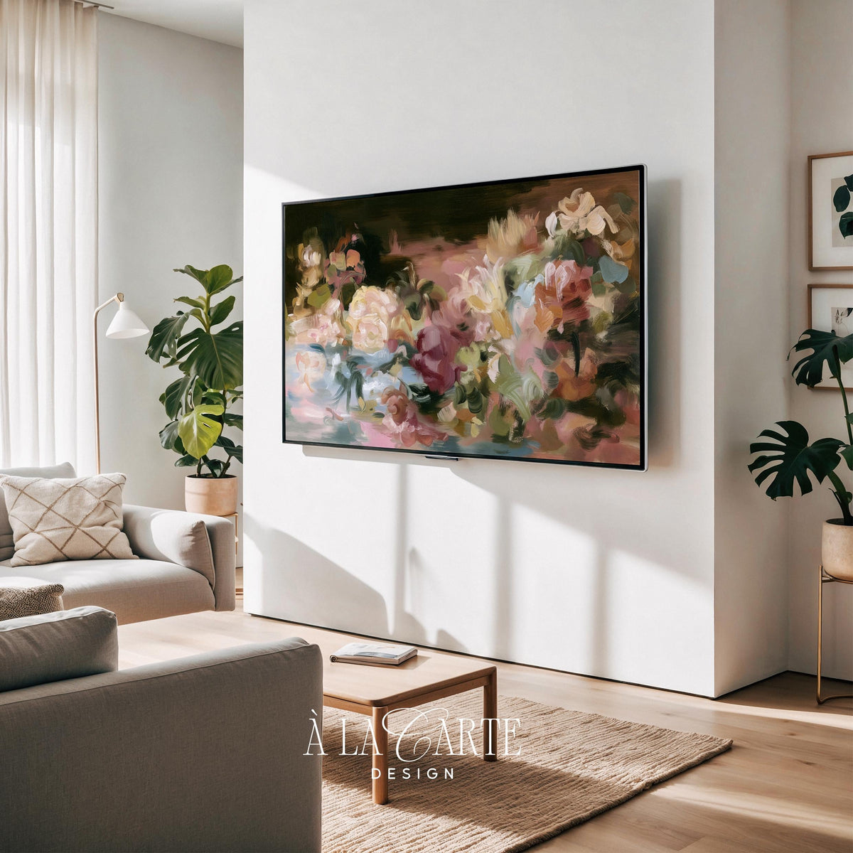 Dreamy bloom collection Samsung Frame TV art — romantic still life featuring loose foliage and blushed flowers in vintage painterly style