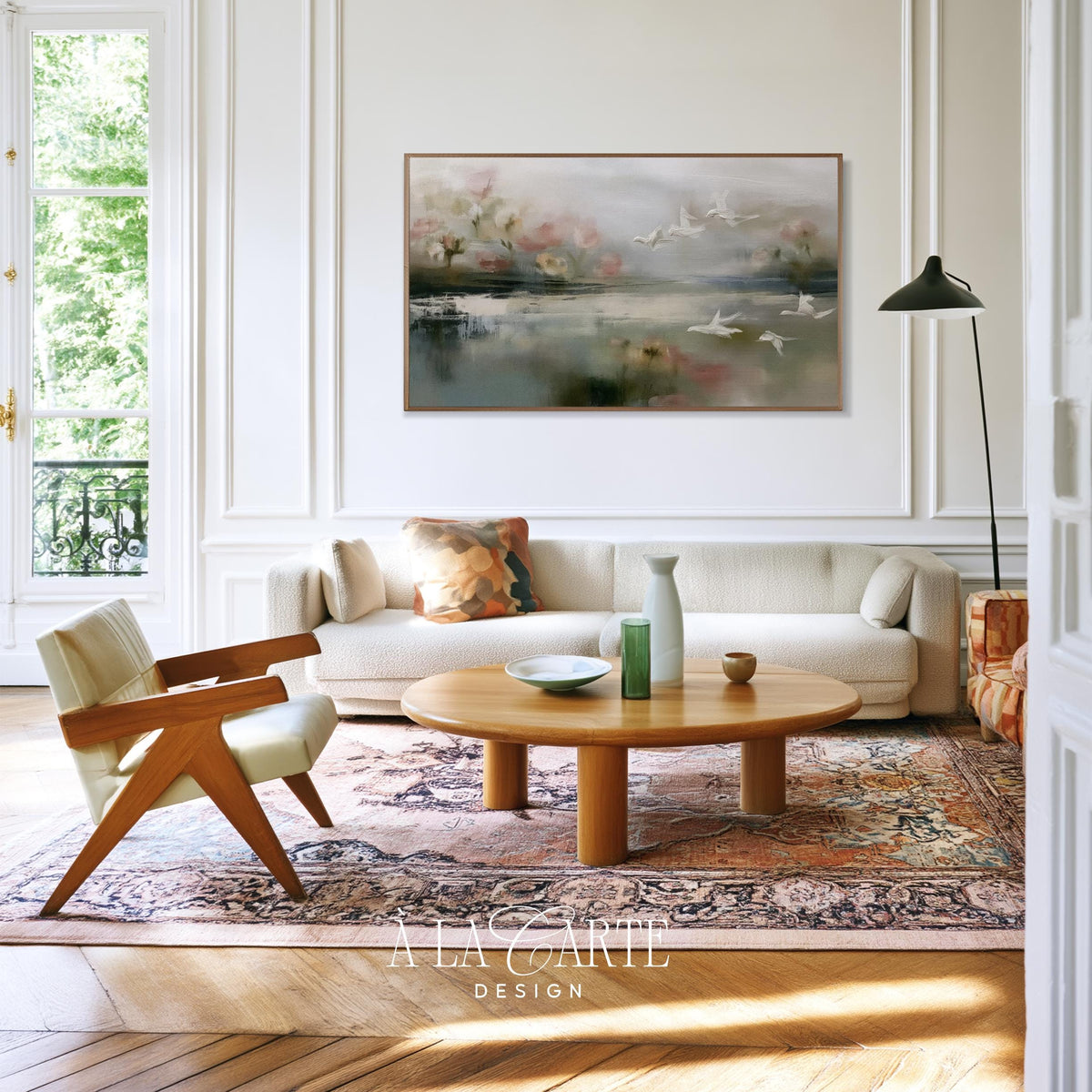 Romantic birds over water Samsung Frame TV art — soft abstract landscape with blurred blossoms and peaceful water surface