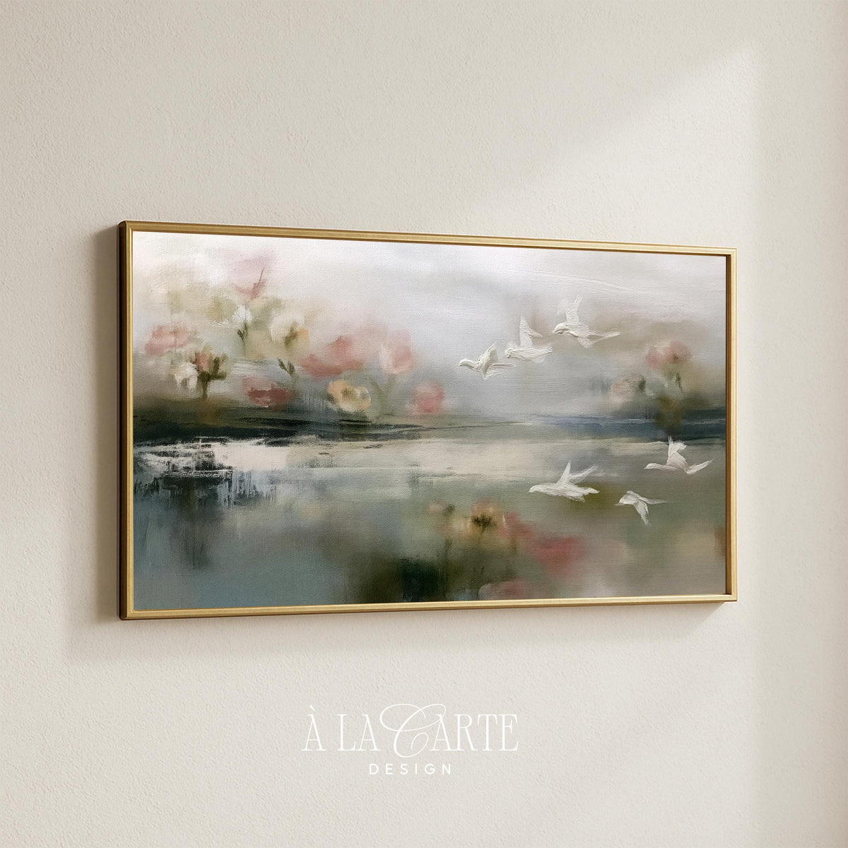 Soft floral landscape Frame TV art featuring white waterfowl — dreamy nature screensaver with muted dusty pink palette