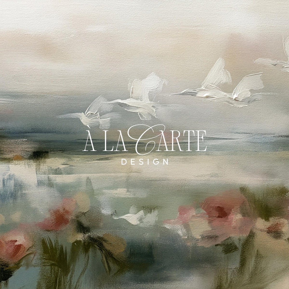 Tranquil marsh with egrets TV screensaver art — cottagecore wetland painting with dreamy brushwork and soft washed colors
