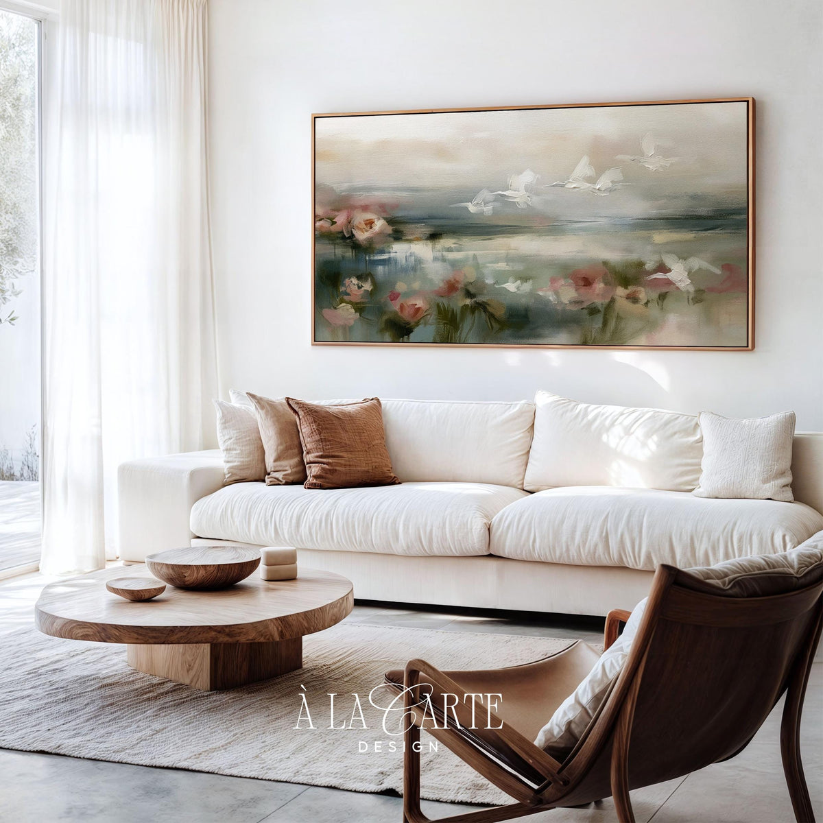 Gentle floral bog landscape Samsung art for TV — serene misty marsh with flying cranes and blended romantic palette