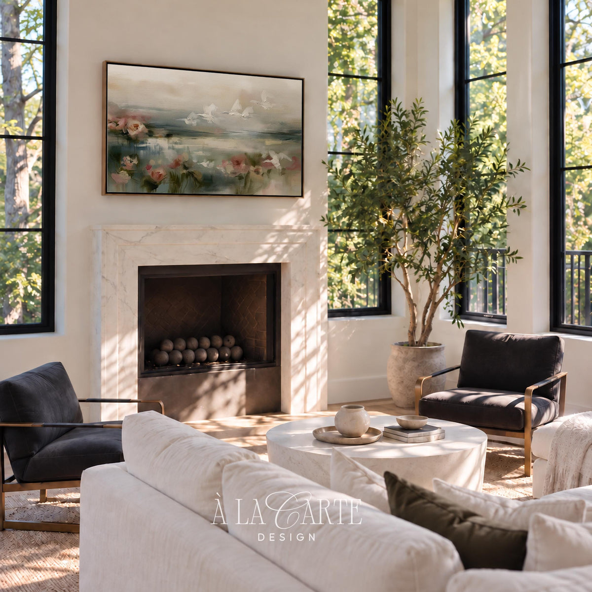 Moody waterscape Frame TV download for lounge — vintage wetland scene with blooming flowers and soaring avian silhouettes