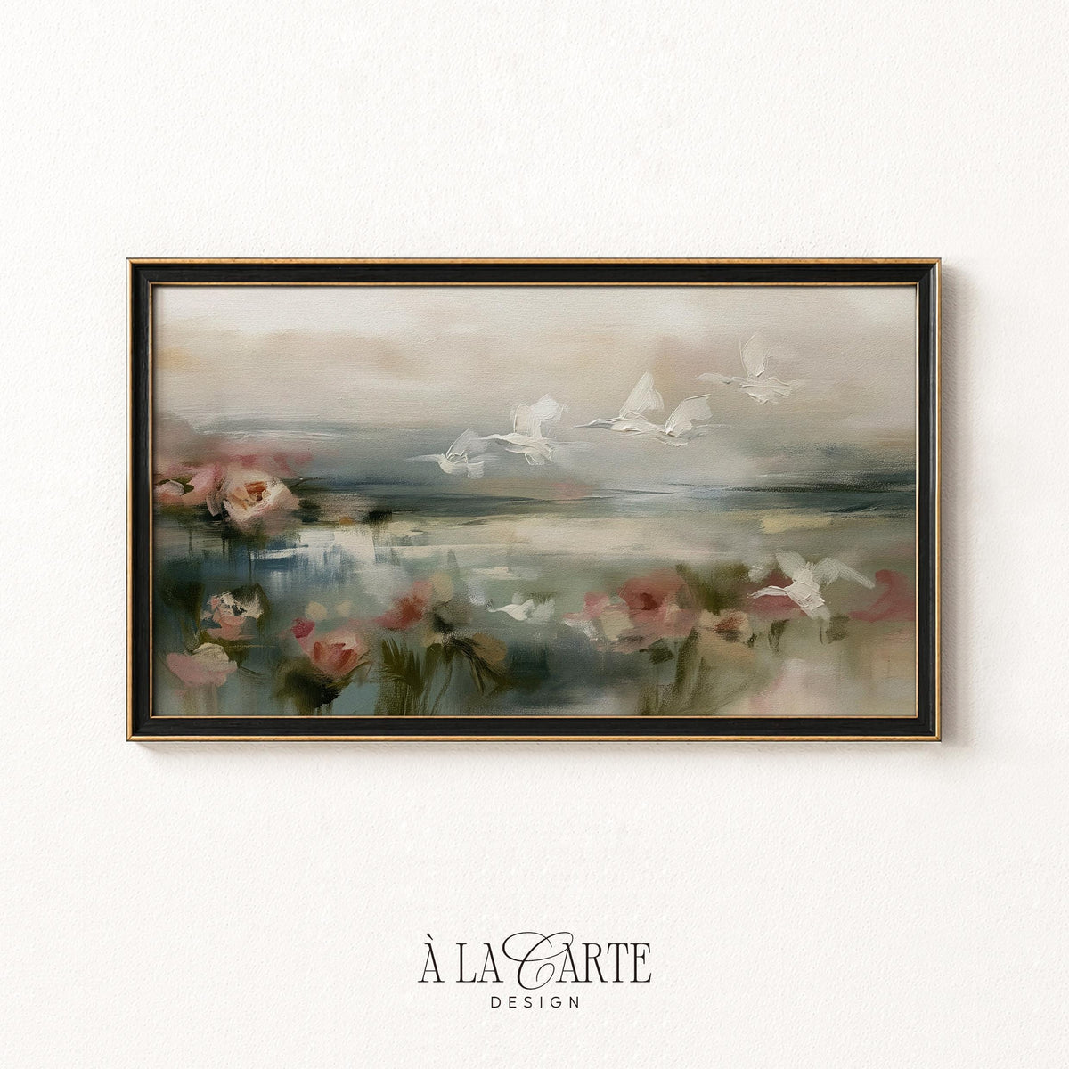 Ethereal wetland Frame TV art for gallery wall — soft impressionistic bog scene with pink blossoms and graceful bird flight