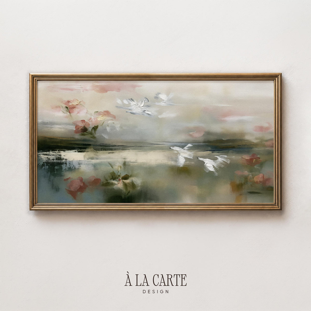 Peaceful nature scene Frame TV art with birds — moody romantic aesthetic featuring blush florals and muted earthy tones