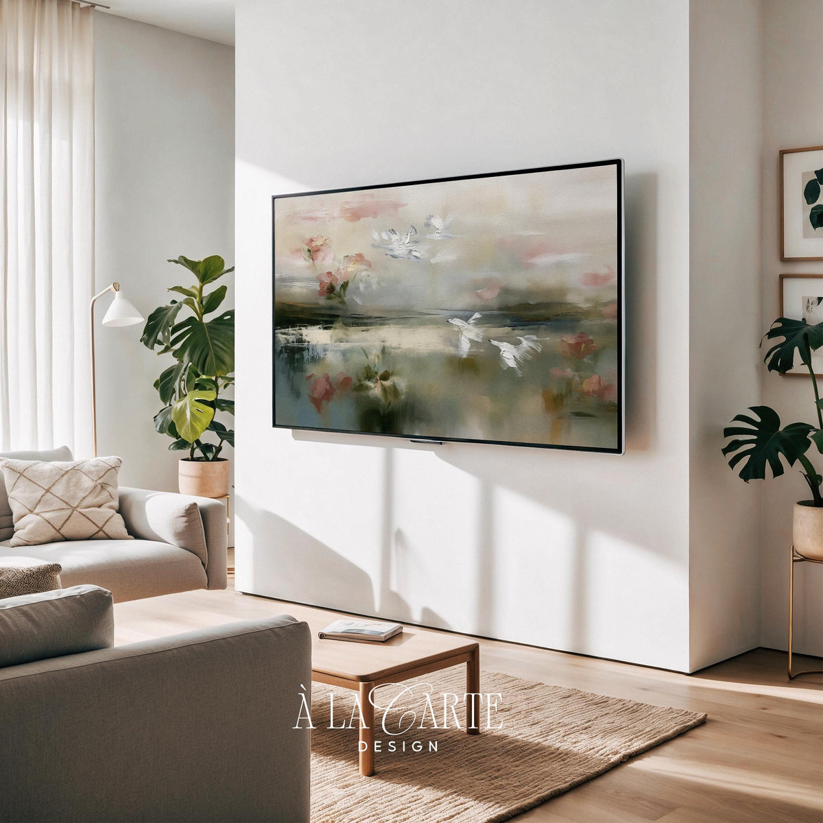 Marsh landscape TV art featuring graceful birds — moody farmhouse aesthetic with taupe and soft pink color palette