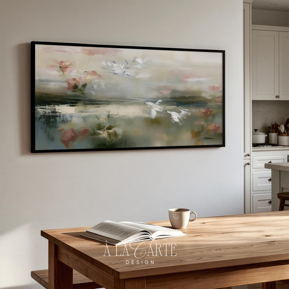 White birds in flight Frame TV art for living room — soft abstract landscape with blush pink florals and muted sage tones