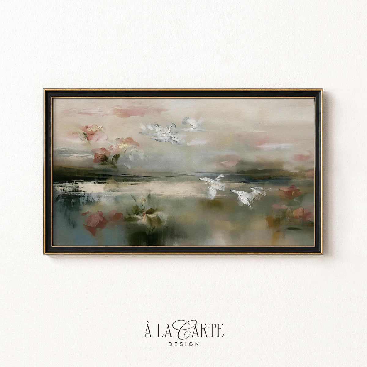 Ethereal birds over wetland Frame TV screensaver — airy abstract painting with hazy horizon and delicate floral accents