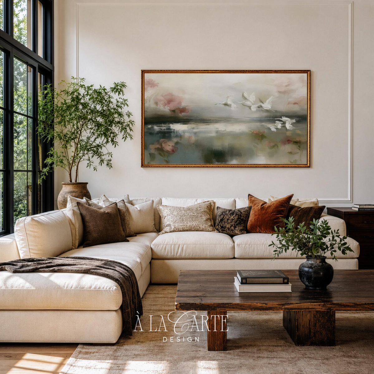 Ethereal waterfowl Frame TV art for entryway — dreamy landscape with muted florals, atmospheric perspective, and serene ambiance
