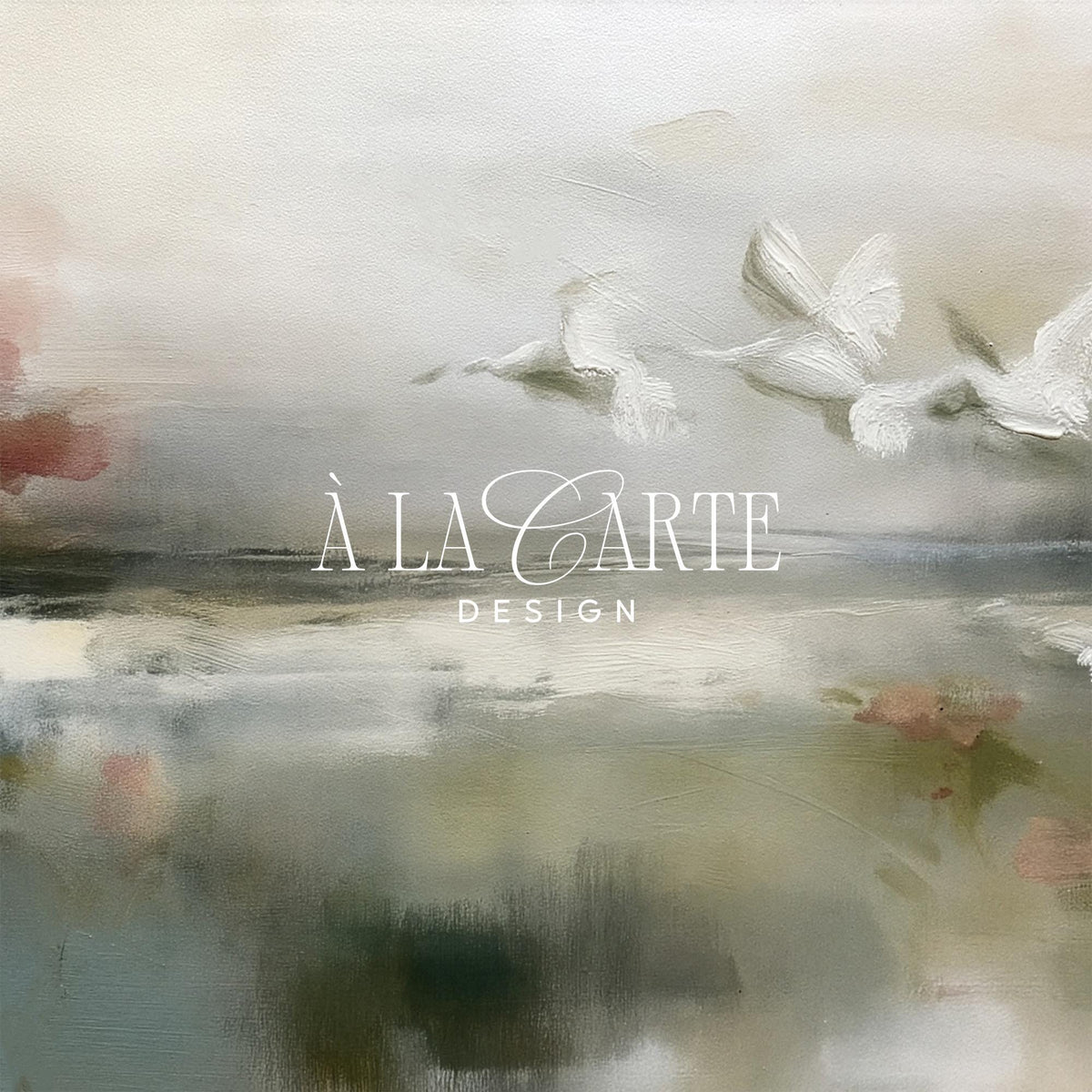 White birds over misty lake TV art download — moody romantic painting with soft greens, grays, and ethereal blended horizon