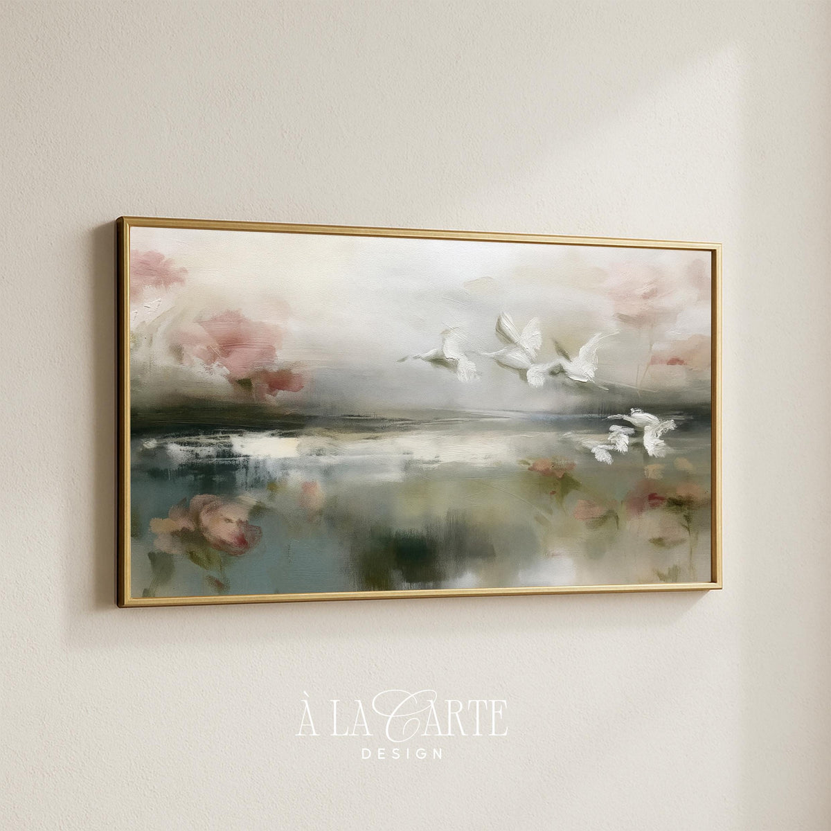 Egrets flying over water TV art for living room — romantic painterly landscape with blush blooms and hazy atmospheric aesthetic