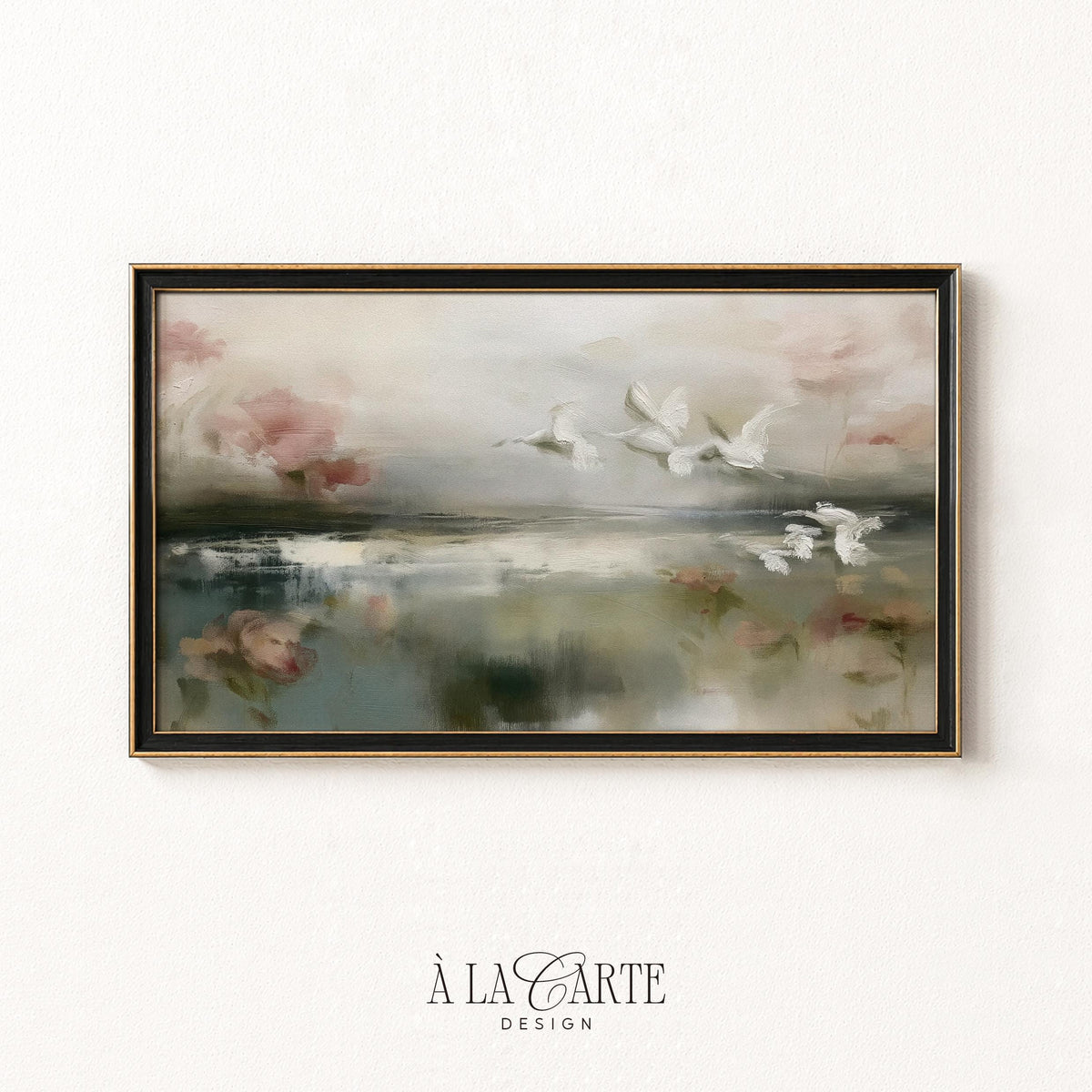 Hazy waterscape with birds TV screensaver art — soft romantic mood with blush pink clusters and painterly misty effect