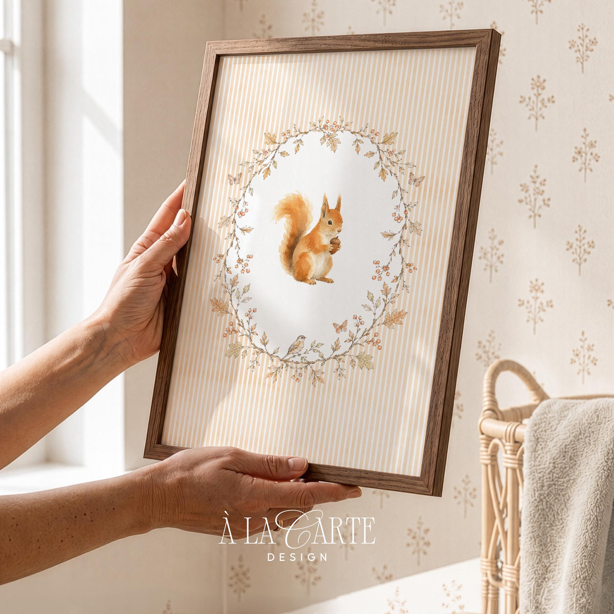 Autumn forest animal poster for kids' bedroom — watercolor squirrel illustration with delicate botanical border