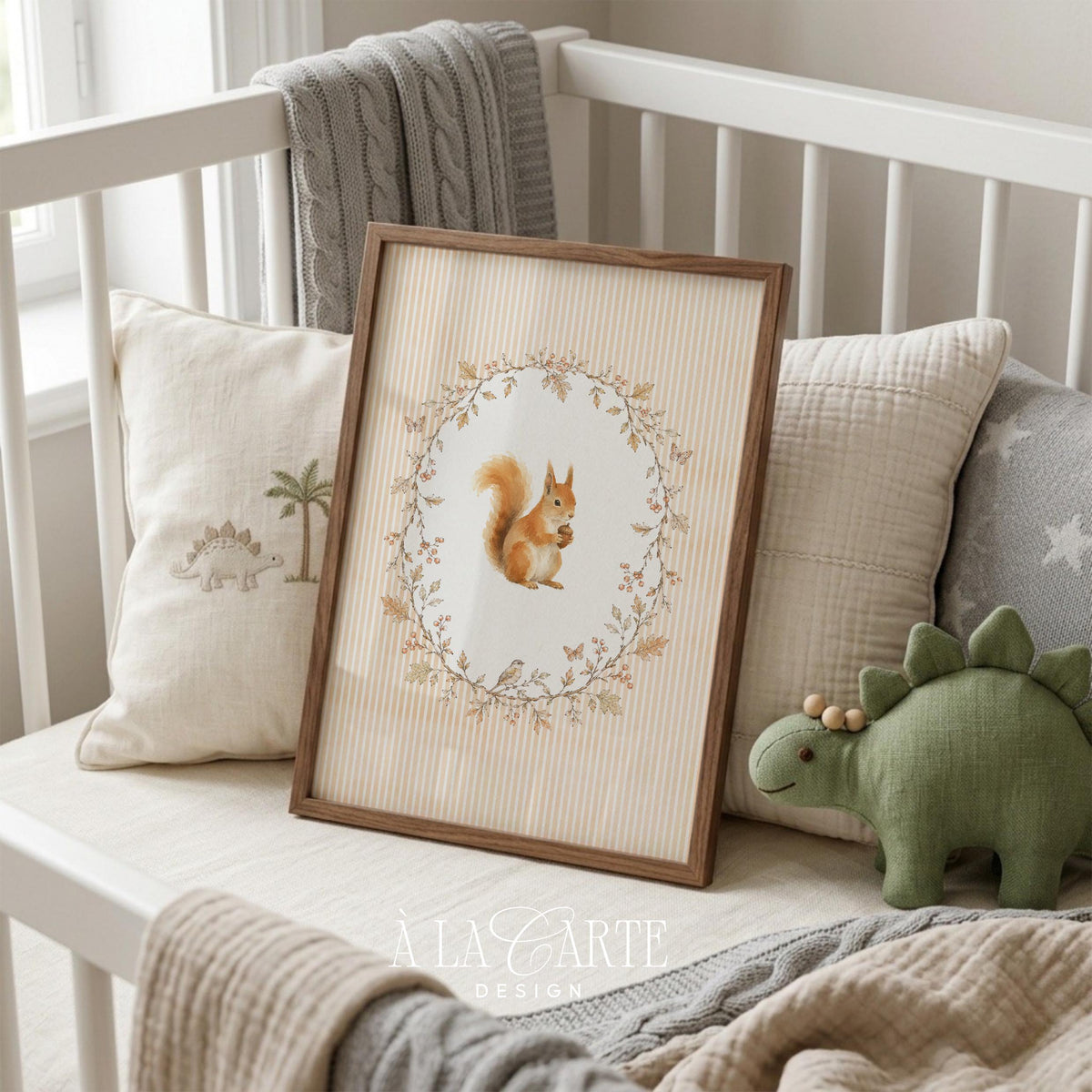Gentle forest animal poster with acorn holder — cottagecore squirrel watercolor print perfect for cozy home decor
