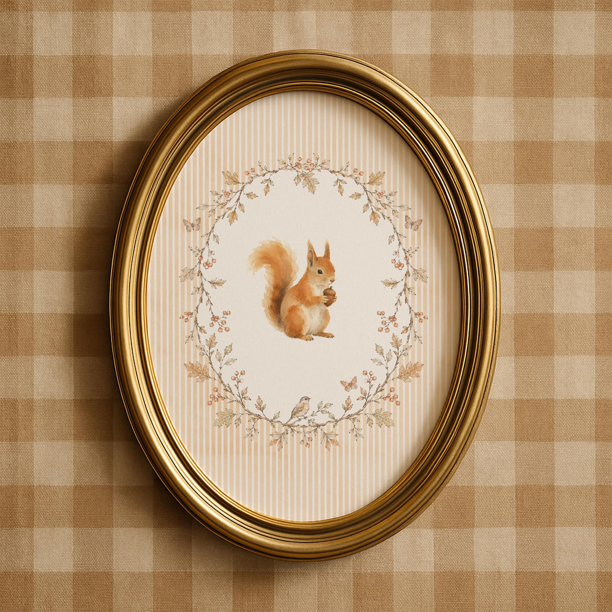 Cute animal wall picture for children's space — watercolor squirrel holding acorn with rustic autumn wreath