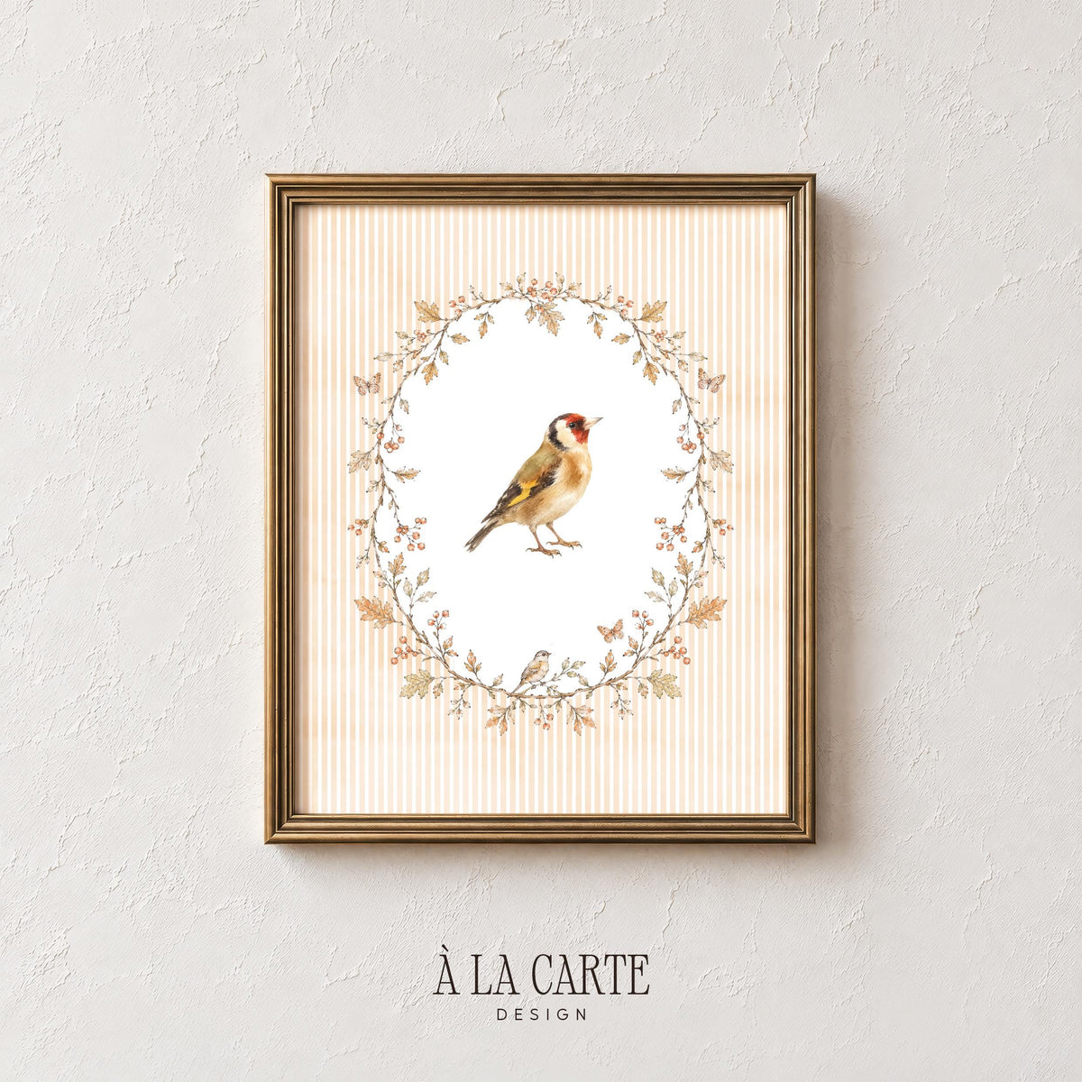 Small songbird printable art featuring botanical oval frame — rustic neutral tones and antique storybook aesthetic