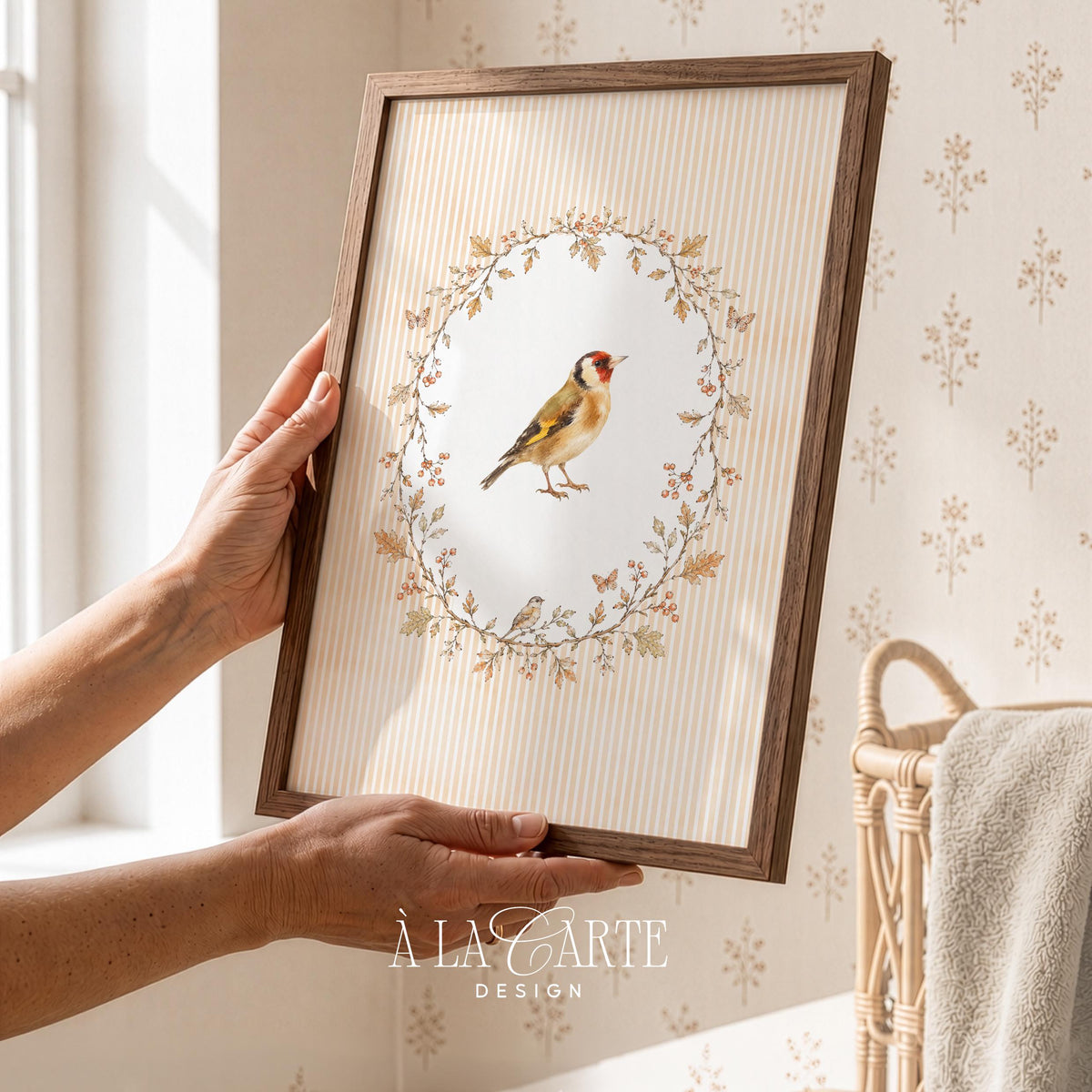 Cozy woodland bird picture for farmhouse — soft watercolor palette with antique wreath border and rustic charm