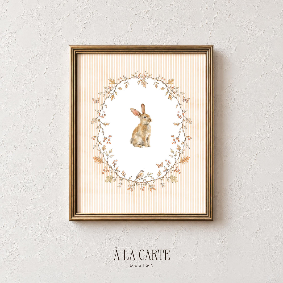 Cozy cottagecore bunny poster featuring butterfly accent and autumn leaf wreath for playroom décor