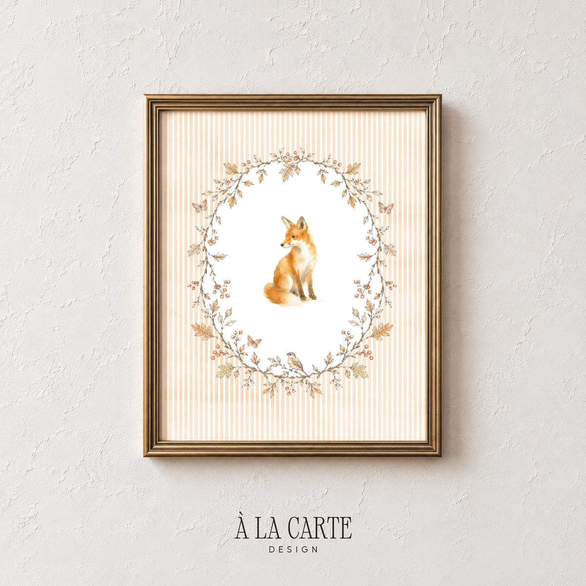 Forest animal picture print for kids room — gentle watercolor fox framed by berry-laden leaves in vintage palette