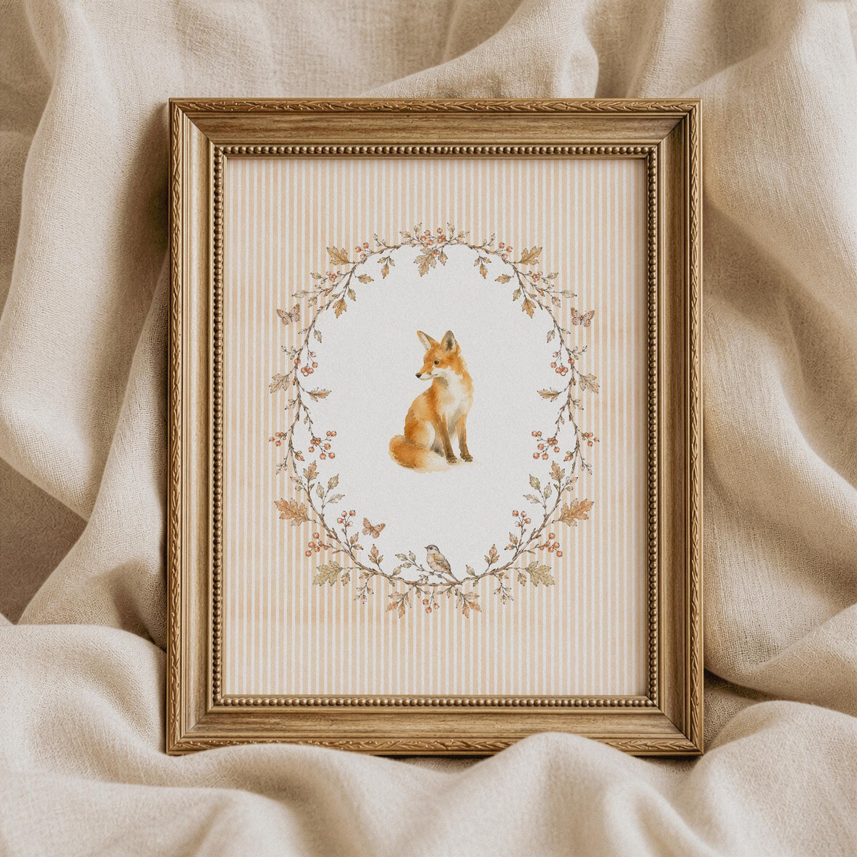 Vintage fox poster for baby room — muted cottagecore illustration with floral wreath frame and perched bird element