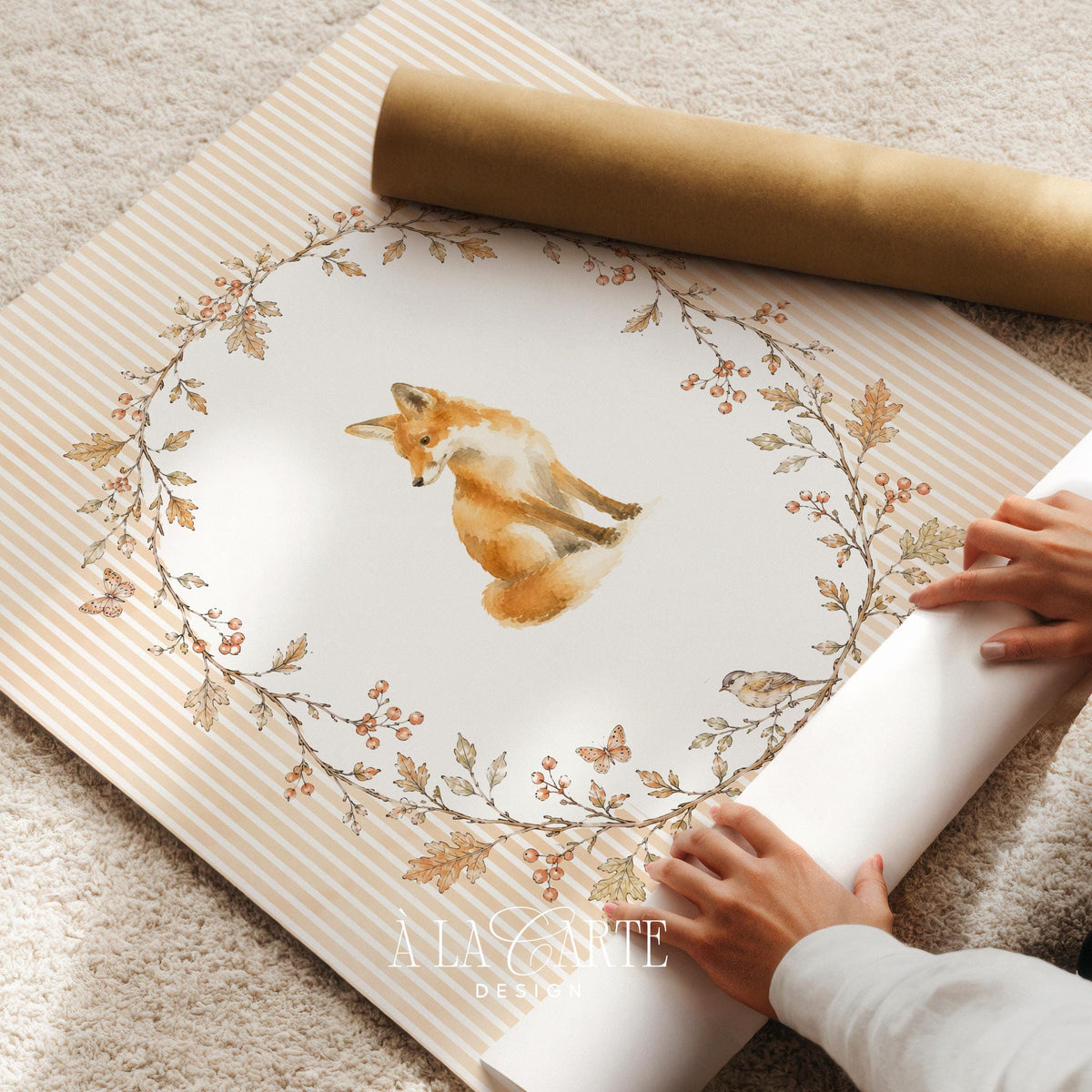 Cute woodland fox picture instant download — vintage-style nursery wall art with oval botanical wreath in soft hues