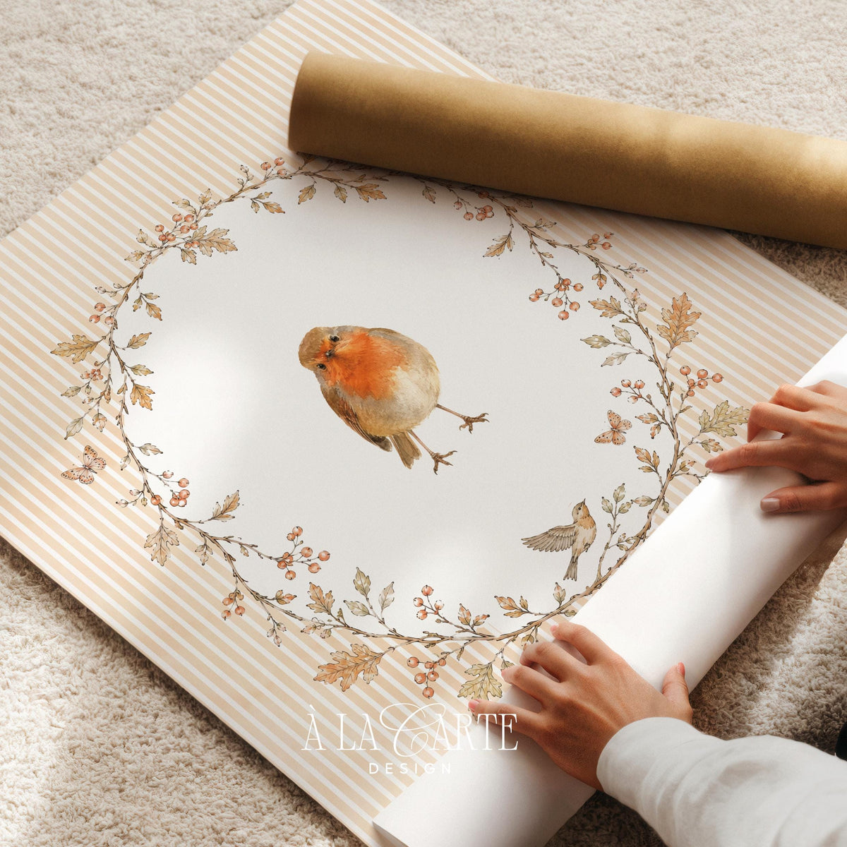 Watercolor robin surrounded by foliage picture for living room — romantic cottagecore home décor with striped background