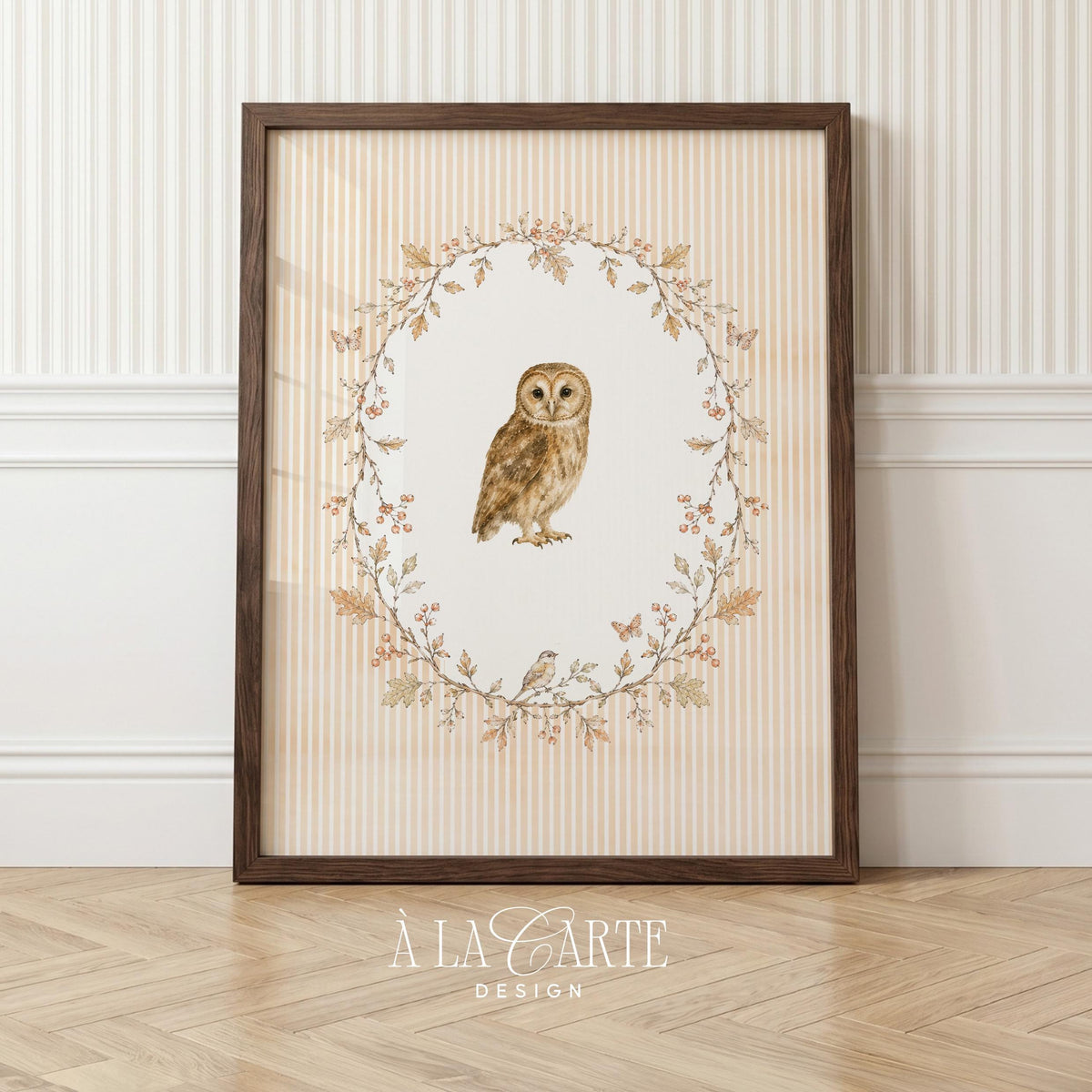 Calming nature bird painting printable for bedroom — cozy owl portrait with botanical frame perfect for nursery decor