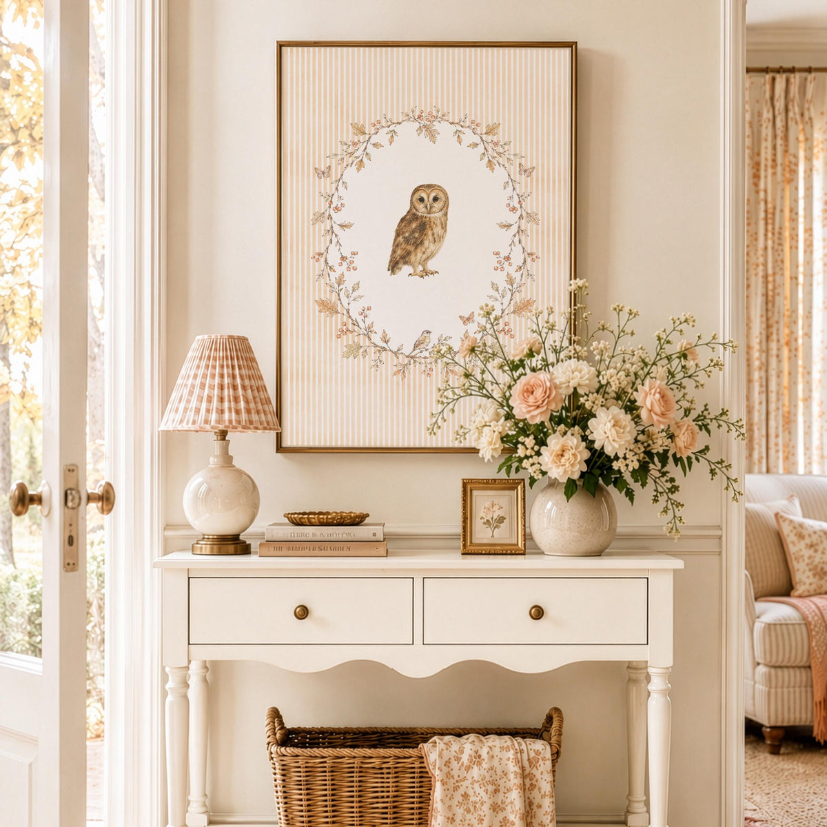 Timeless owl watercolor wall art for kids — charming cottagecore design with fine detail linework and warm neutral palette