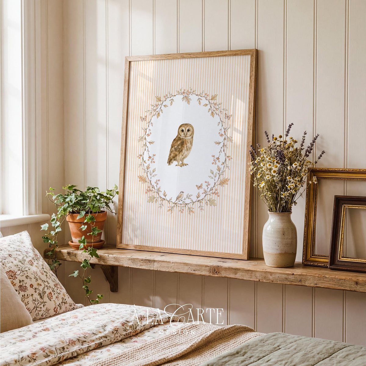 Nature-inspired owl wall print for kids room — charming vintage style with subtle striped background and earthy color scheme