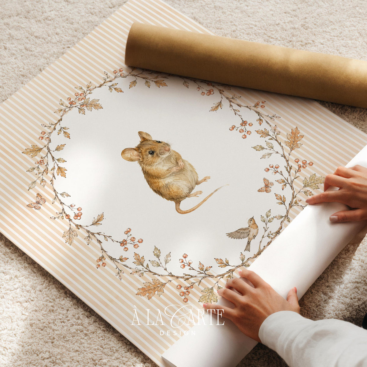 Little mouse poster with leaf frame for baby room — gentle watercolor art featuring berry accents and countryside vibes