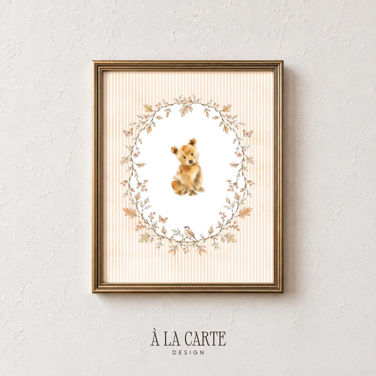 Baby bear cub sitting in leaf wreath printable art for nursery — soft watercolor woodland creature with gentle vintage charm