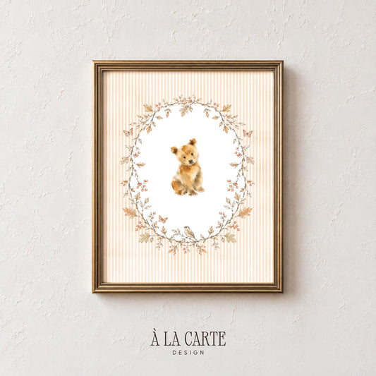 Baby bear cub sitting in leaf wreath printable art for nursery — soft watercolor woodland creature with gentle vintage charm