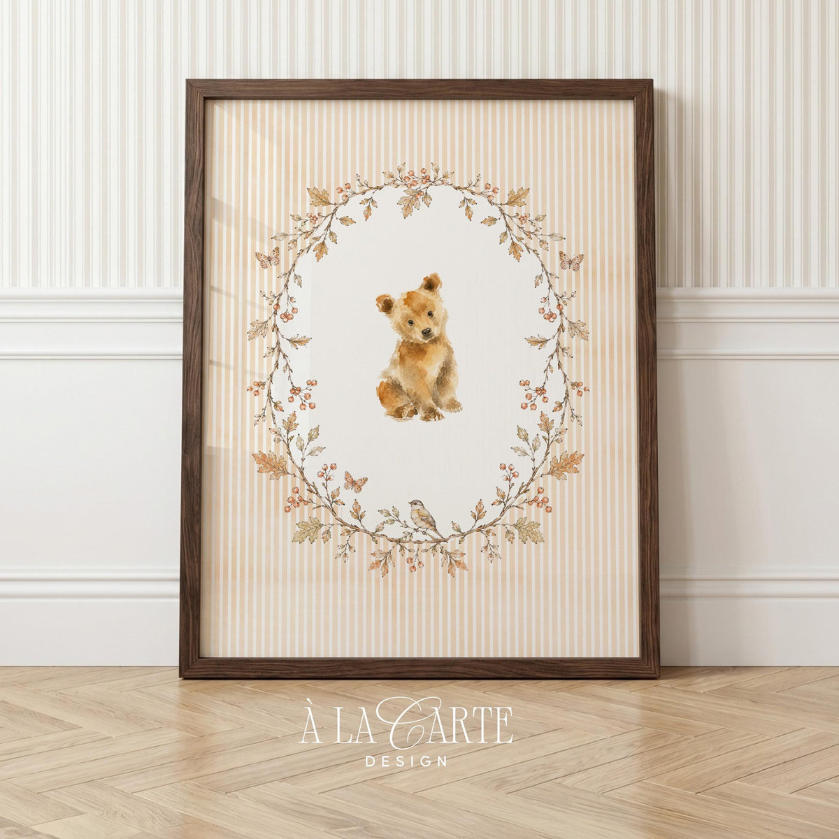 Cute young bear instant download printable for baby nursery — nestled in elegant leaf border with whimsical forest bird accent