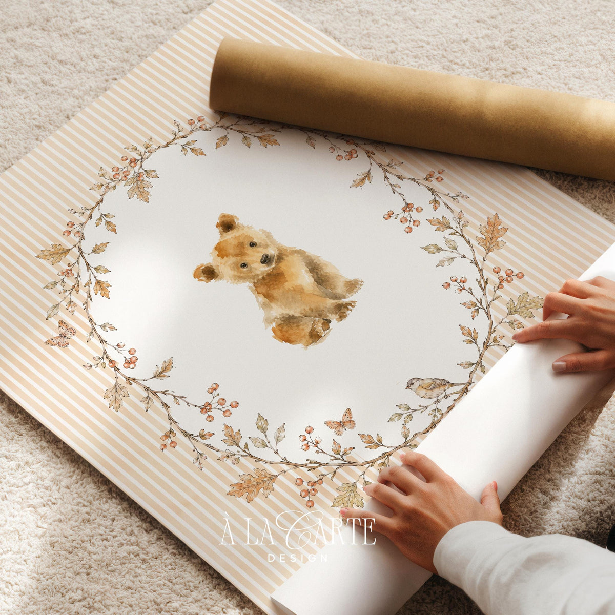 Baby bear portrait gallery wall art — watercolor print with rustic wreath frame, autumn leaves, and peaceful natural woodland mood