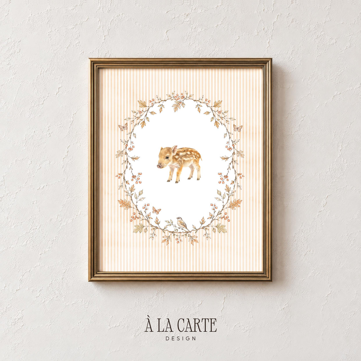 Baby piglet poster with botanical wreath — rustic nursery wall art featuring autumn branches and birds