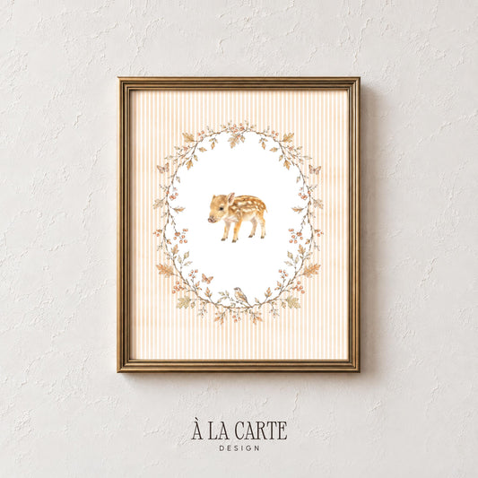 Baby piglet poster with botanical wreath — rustic nursery wall art featuring autumn branches and birds
