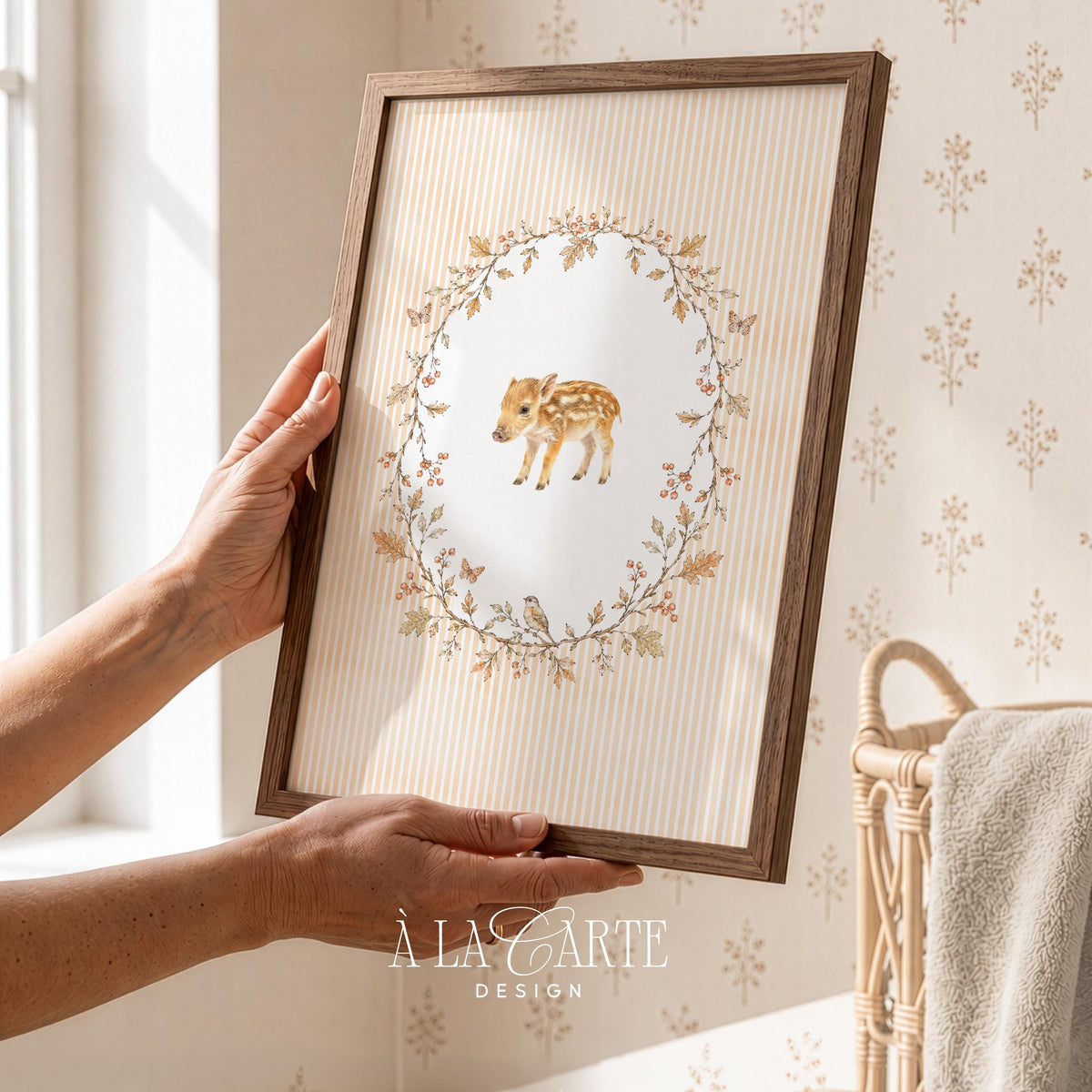 Forest piglet painting printable for kids room — muted tones with vintage woodland aesthetic and feathered accents