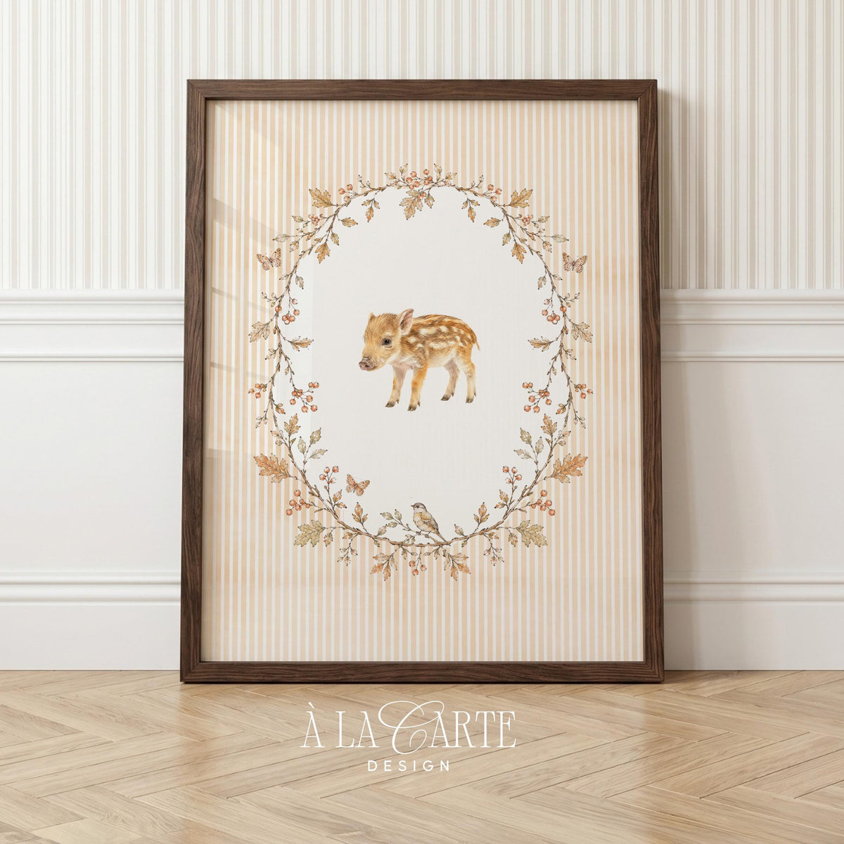 Young boar printable wall decor for kids — soft cottagecore animal art with autumn-toned foliage border