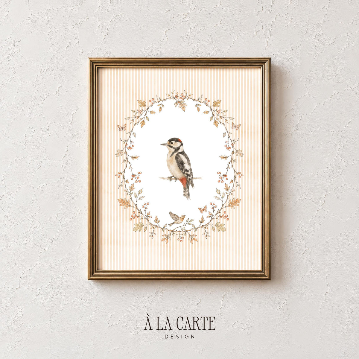 Vintage avian portrait wall print — handcrafted naturalist aesthetic woodpecker with companion wildlife elements