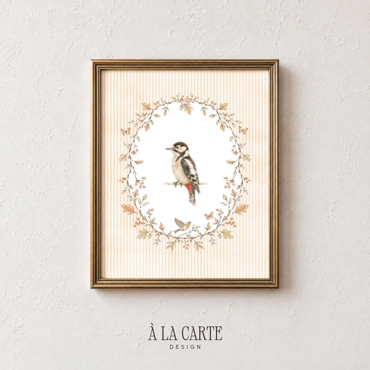 Vintage avian portrait wall print — handcrafted naturalist aesthetic woodpecker with companion wildlife elements